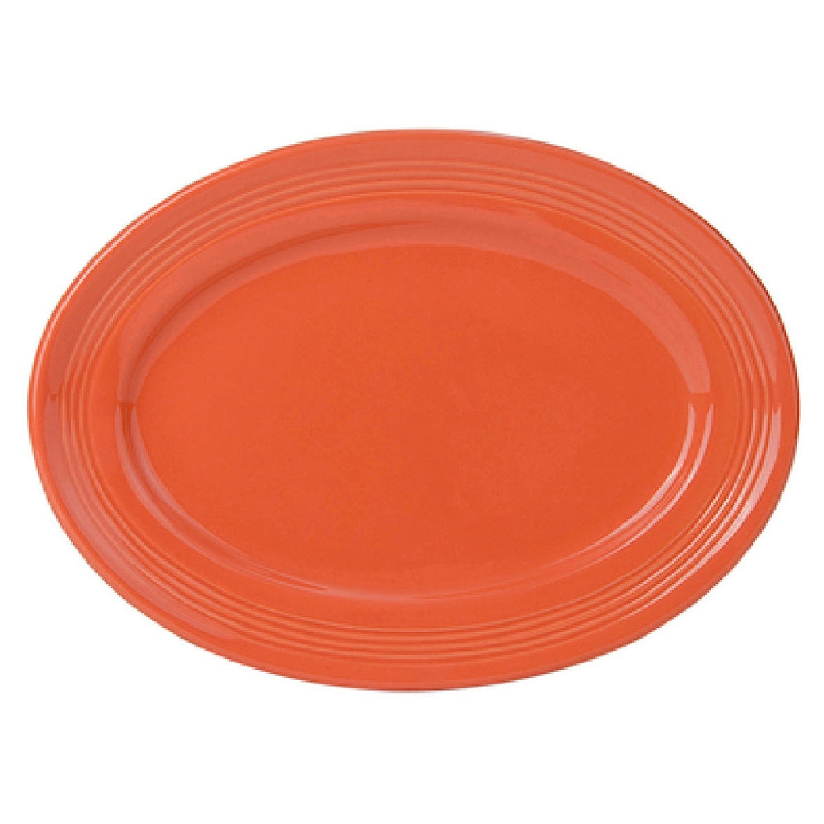 Tuxton CPH-116 Concentrix oval platter in papaya orange, angled view showing concentric rim ridges and glossy glaze finish