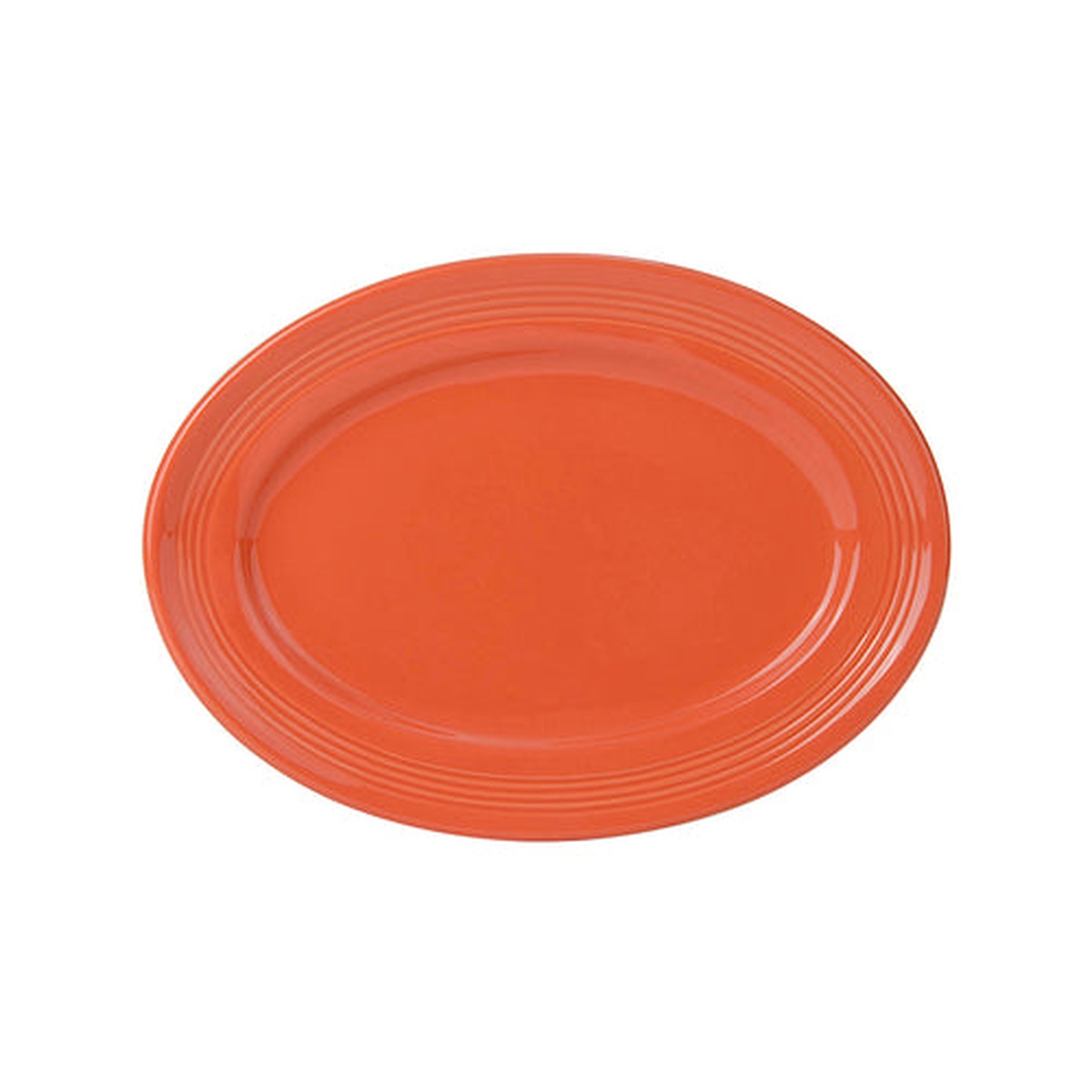 Tuxton CPH-116 Concentrix oval platter in papaya orange glaze, wide rim with concentric ring detail, top-down view