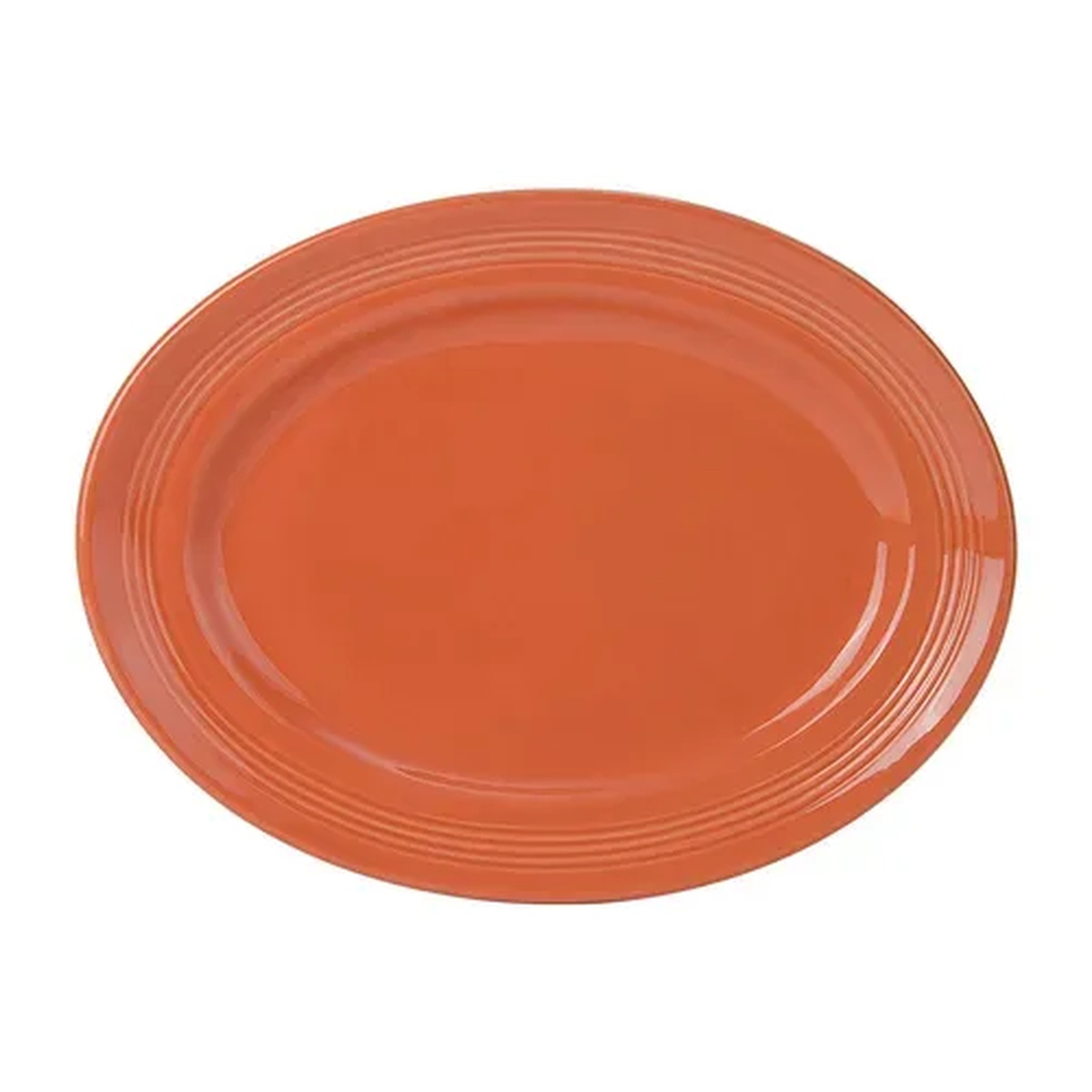 Tuxton China CPH-136 oval papaya ceramic platter with wide rim, top-down view on white background