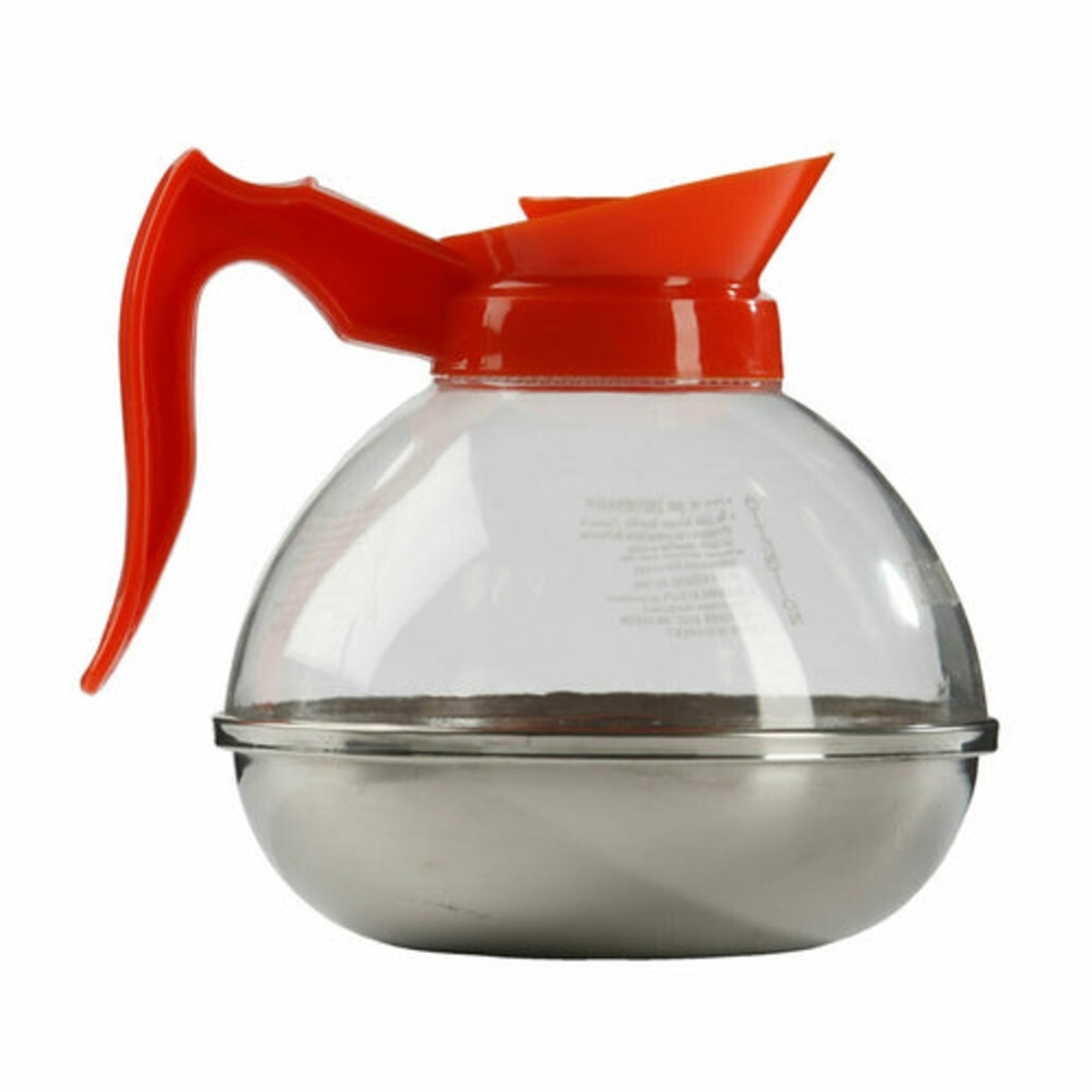 Libertyware CPOT-D 64 oz. coffee decanter with clear plastic body, stainless steel base, and orange handle