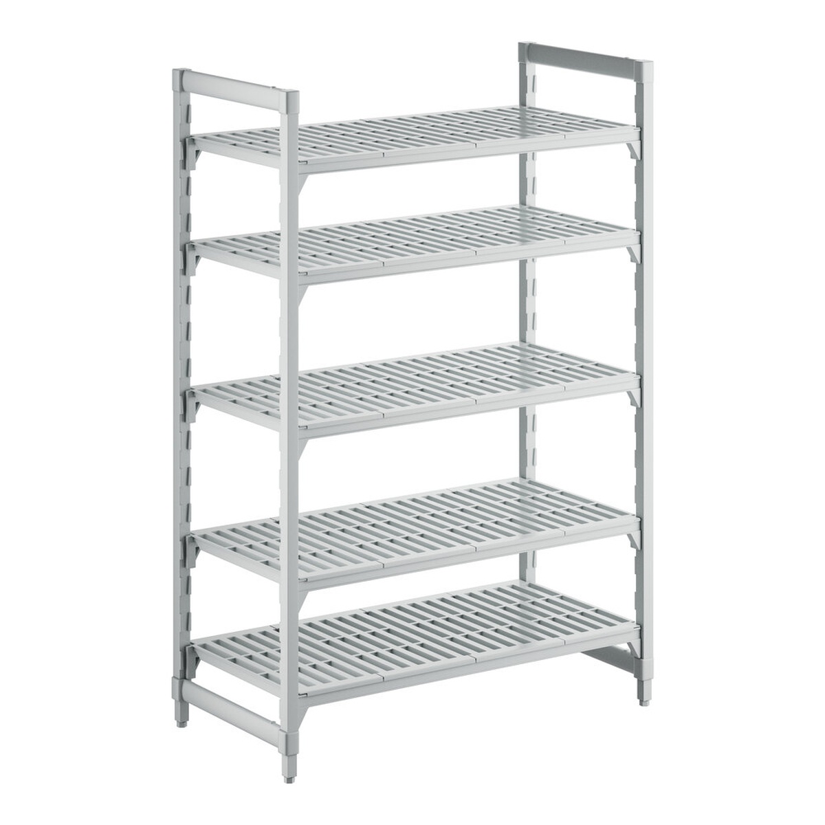 Cambro Camshelving Premium 5-tier vented shelving unit, speckled gray, assembled view