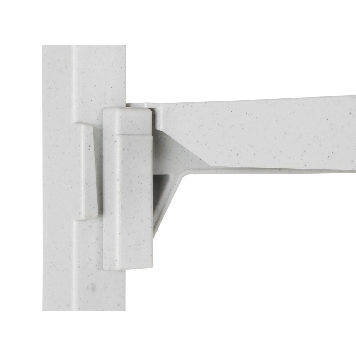 Close-up of Cambro Camshelving Premium shelf bracket and post connection detail in speckled gray polypropylene