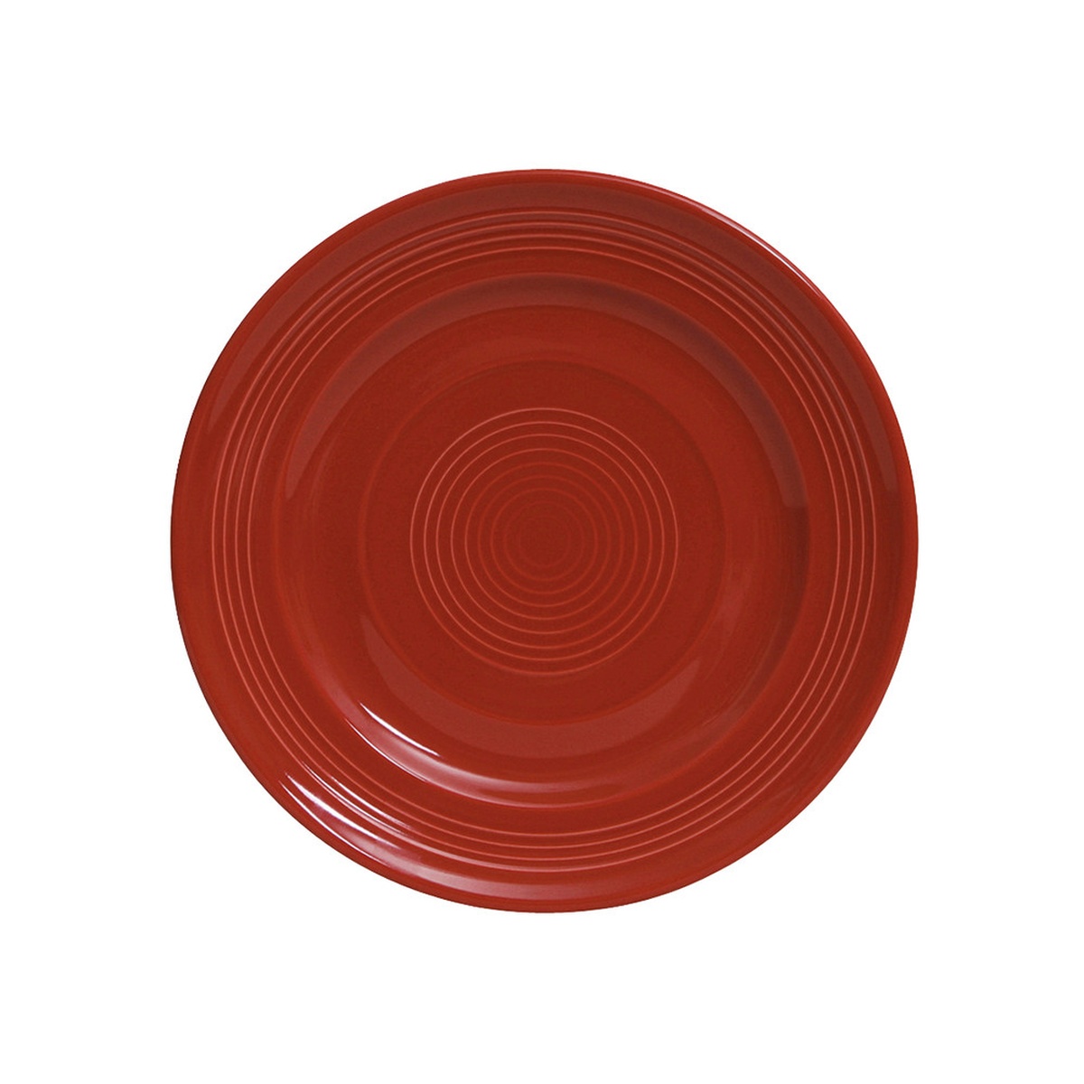 Tuxton CQA-104 10.5-inch round Concentrix ceramic plate in Cayenne red, top-down view showing concentric ring texture