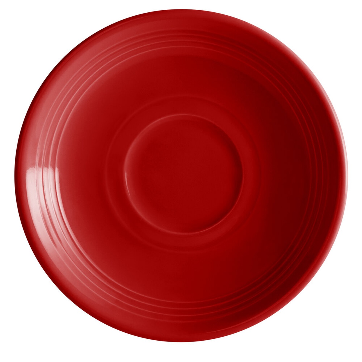 Tuxton Concentrix CQE-060 6-inch cayenne china saucer with concentric ridges, top-down view