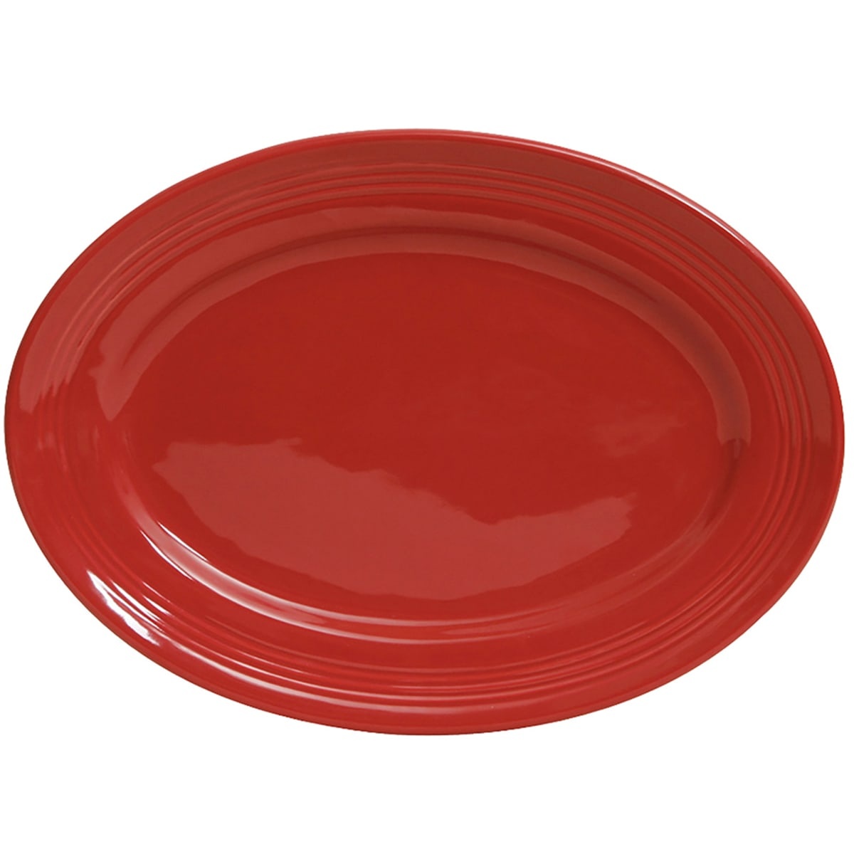 Tuxton Concentrix oval ceramic platter in cayenne red with wide ribbed rim, top-angle view