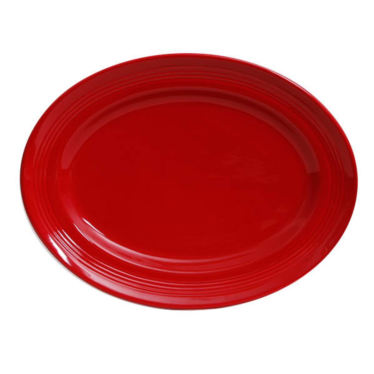 Tuxton Concentrix Cayenne red oval ceramic platter with wide rim, 13.75 inches by 10.5 inches