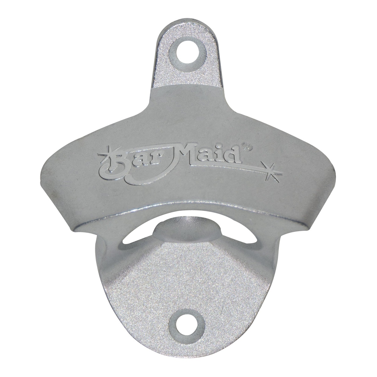 Bar Maid CR-1280 wall mount bottle opener in silver metal with embossed Bar Maid logo and two mounting holes