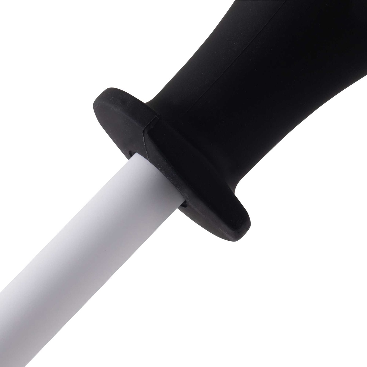 Close-up of the black ergonomic soft-grip handle and finger guard where the ceramic rod meets the handle collar