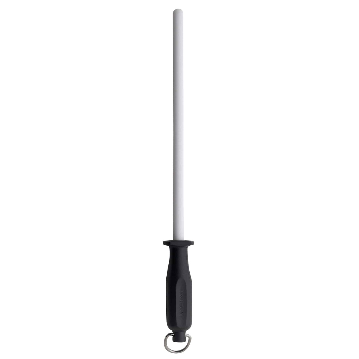 Messermeister CR-12F 12-inch ceramic sharpening rod with white ceramic core and black soft-grip handle with hang ring
