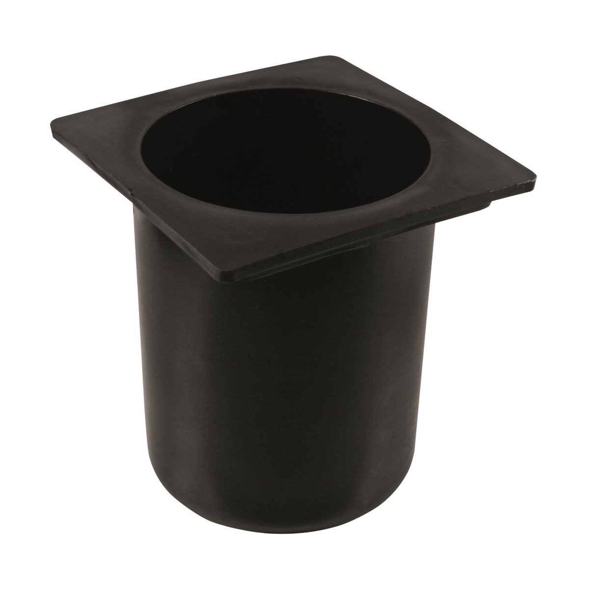Bar Maid CR-2400 black round polyethylene bottle well with square flanged top, shown on white background