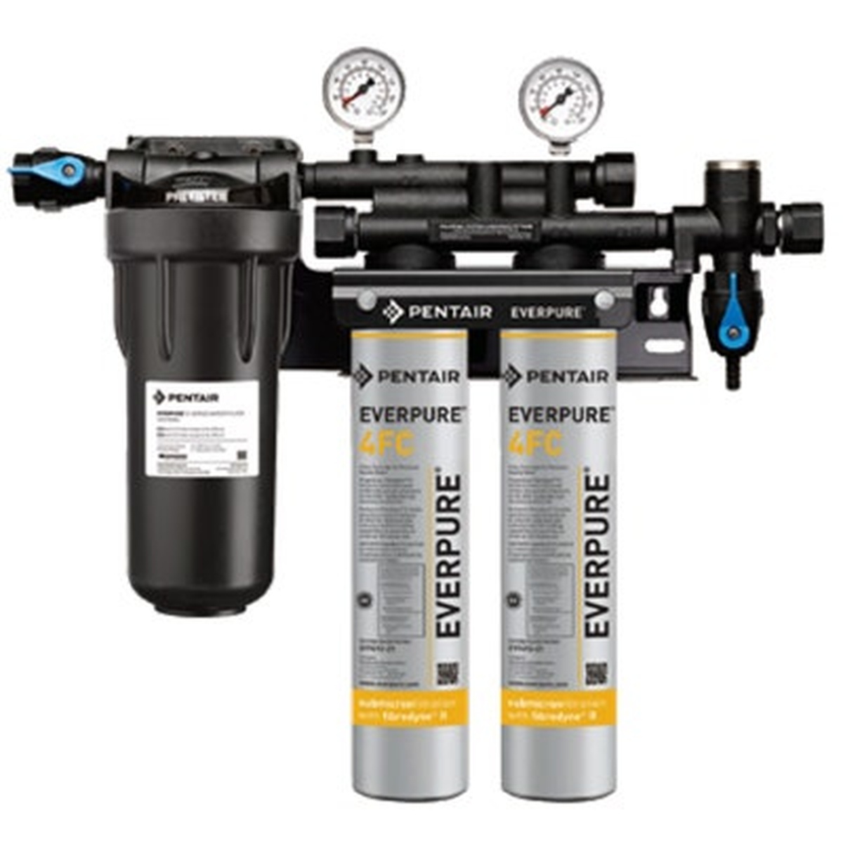 Crysalli CR-24FCP 2-stage water filter system with dual Everpure 4FC cartridges, pre-filter housing, and dual pressure gauges mounted on a black manifold bracket