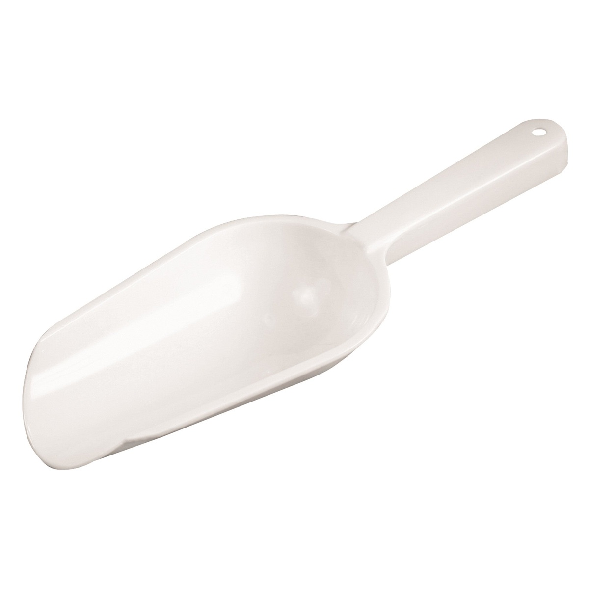 Winco CR-849W white polyethylene 8 oz round bowl ice scoop with hole handle