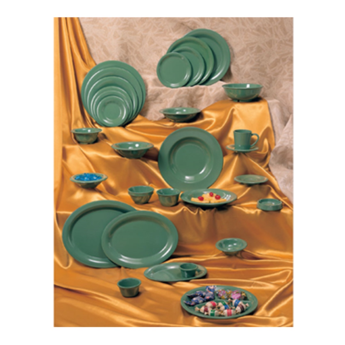 Thunder Group green melamine dinnerware collection including plates, bowls, and mugs displayed together