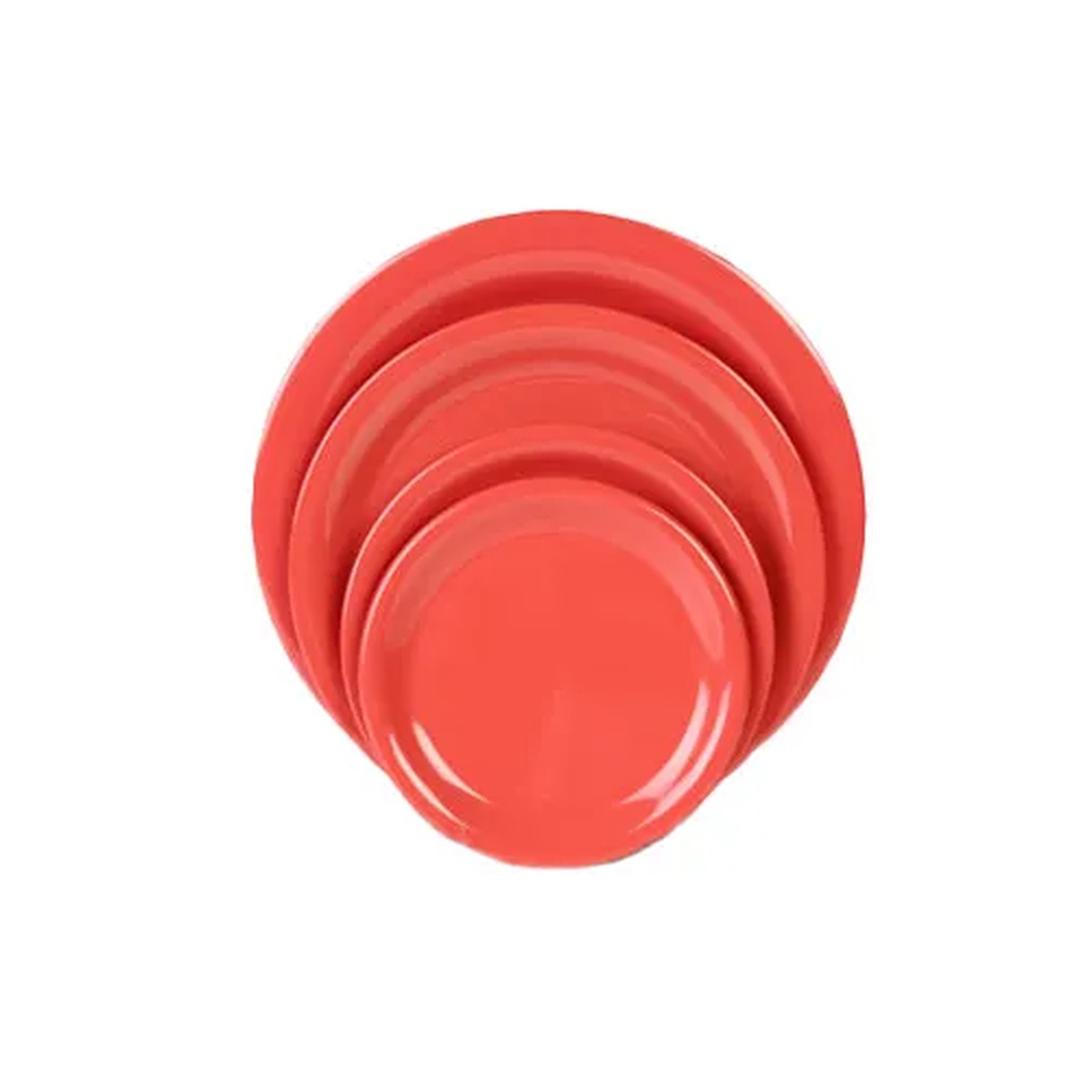 Thunder Group CR110RD orange melamine narrow rim round plates in multiple sizes stacked together