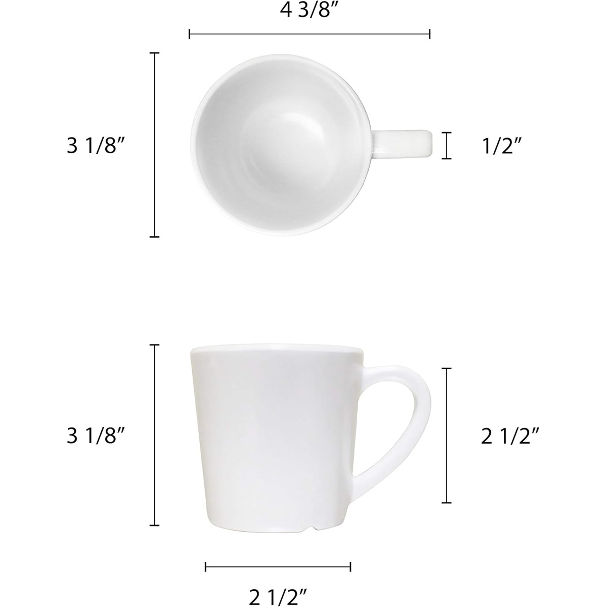 Dimension diagram of Thunder Group CR9018W mug showing 3-1/8 inch diameter, 2-1/2 inch height, 4-3/8 inch overall width with handle, and 2-1/2 inch base diameter