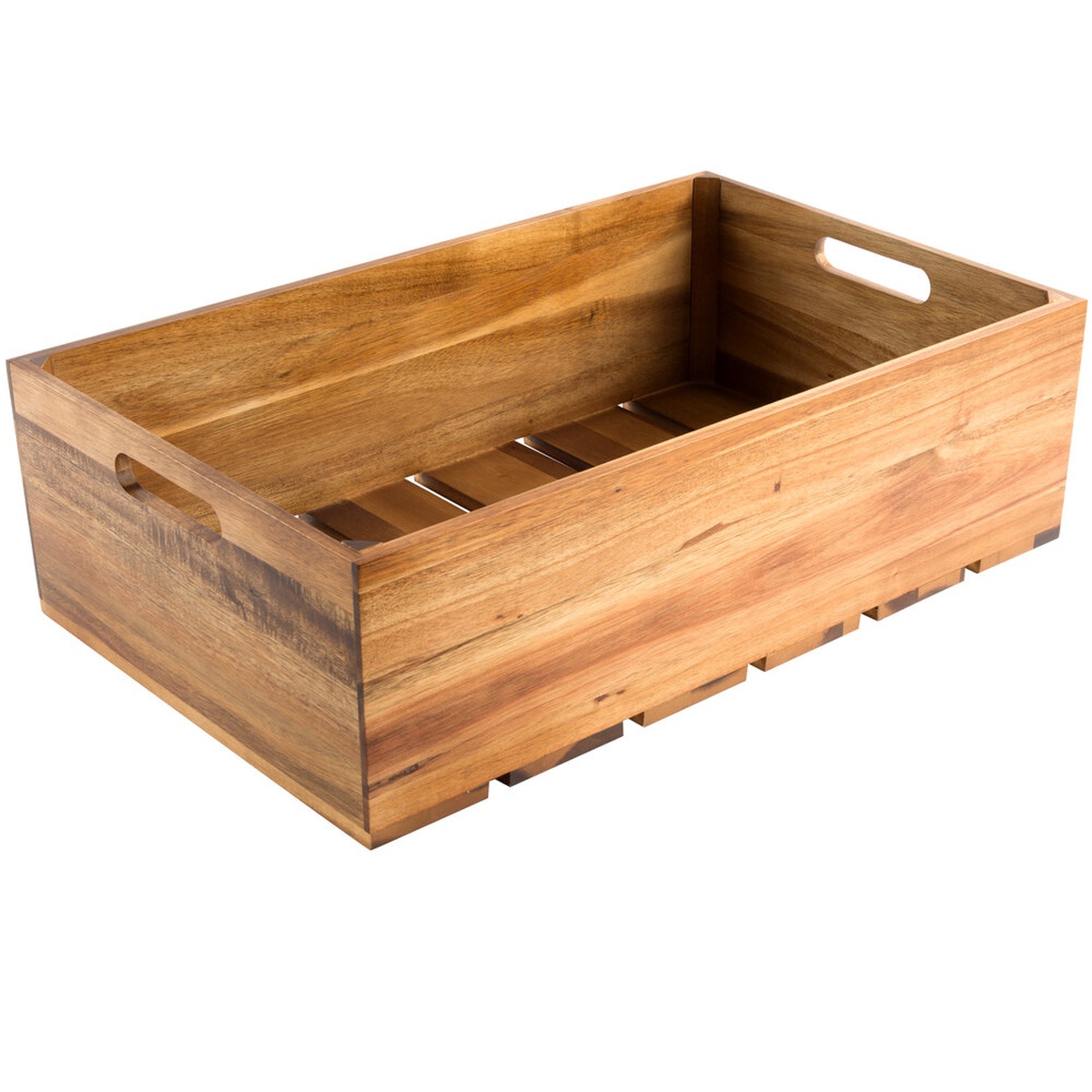 TableCraft CRATE116 full-size acacia wood gastronorm display crate with integrated cut-out handles and slatted base, shown on white background
