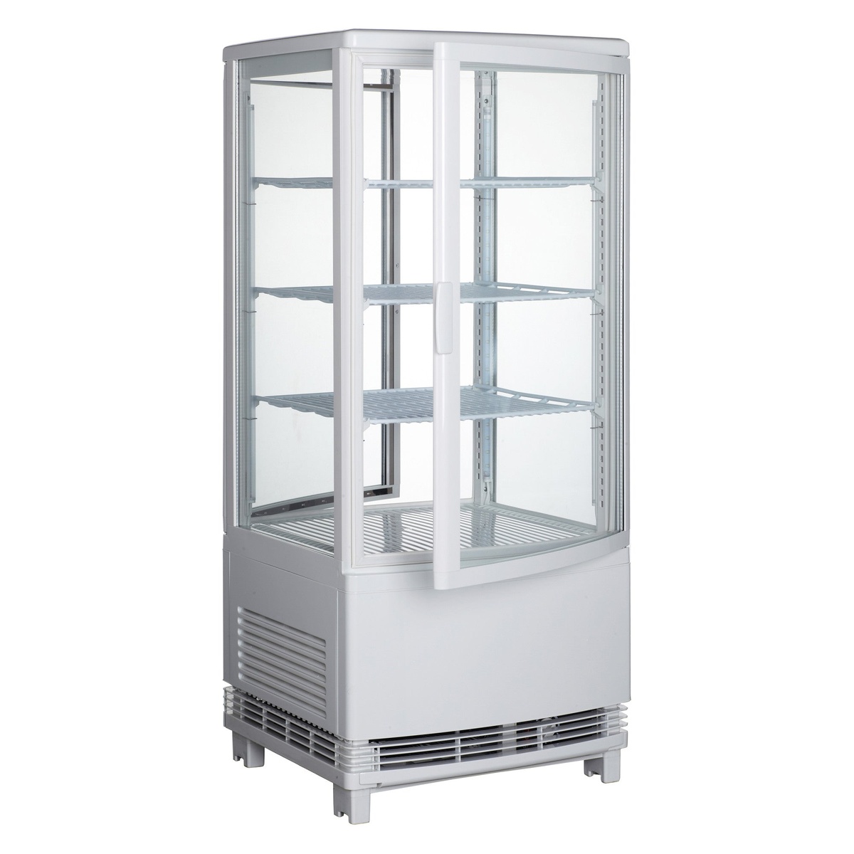 Winco CRD-1 white countertop refrigerated beverage display case, closed doors, front-side view