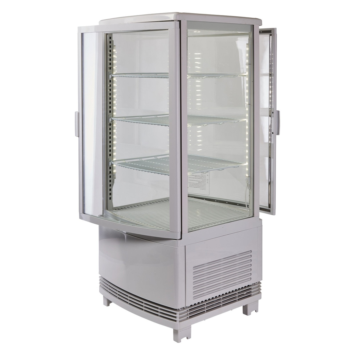 Winco CRD-1 interior view with both doors open showing LED strips and adjustable wire shelves