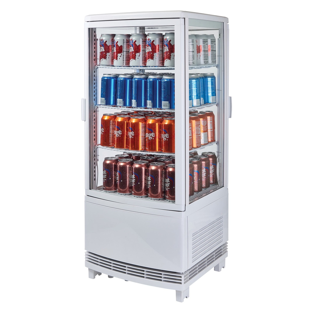 Winco CRD-1 display case fully stocked with assorted 12-oz beverage cans across four shelf levels