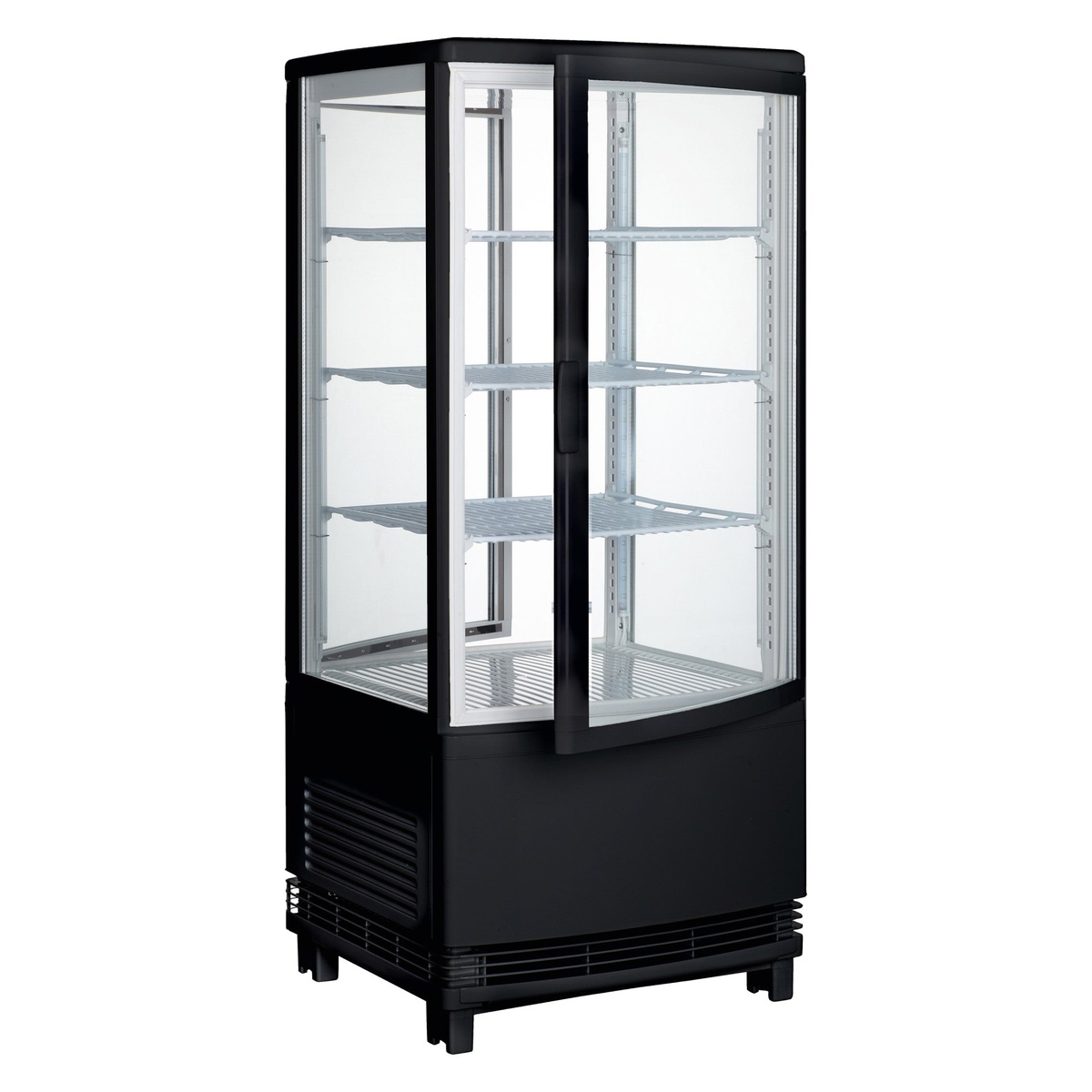 Winco CRD-1K black countertop refrigerated beverage display with curved glass doors and four adjustable shelves