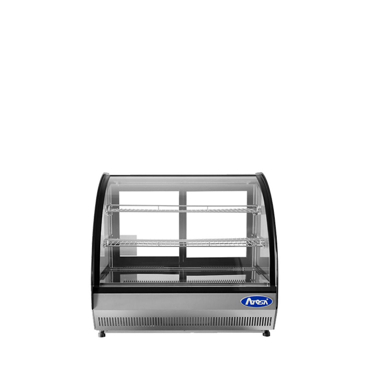 Atosa CRDC-35 countertop curved glass refrigerated display case, front view showing two stainless steel shelves