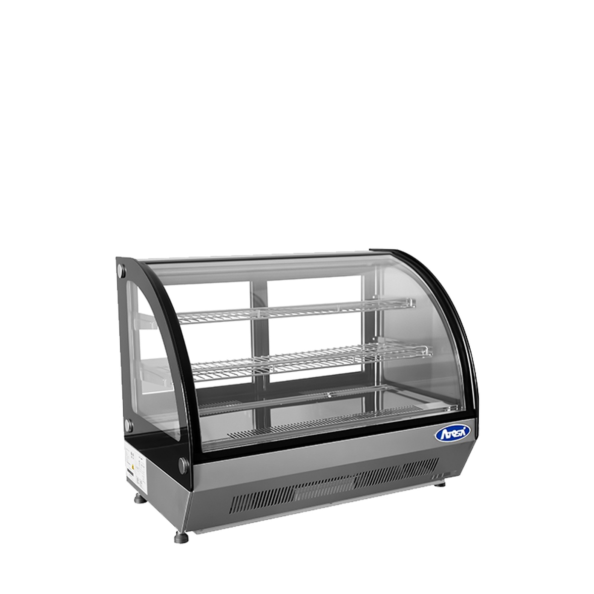 Atosa CRDC-35 refrigerated display case, left-side angle view showing black frame, rear ventilation, and leveling legs