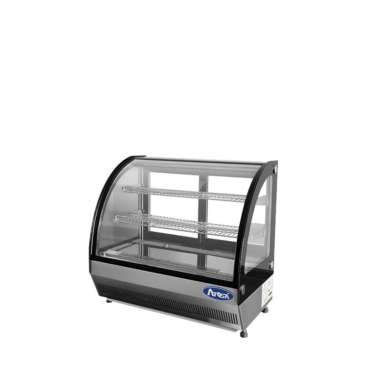 Atosa CRDC-35 refrigerated display case, left-angle view showing stainless steel wire shelves and rear-mounted compressor ventilation