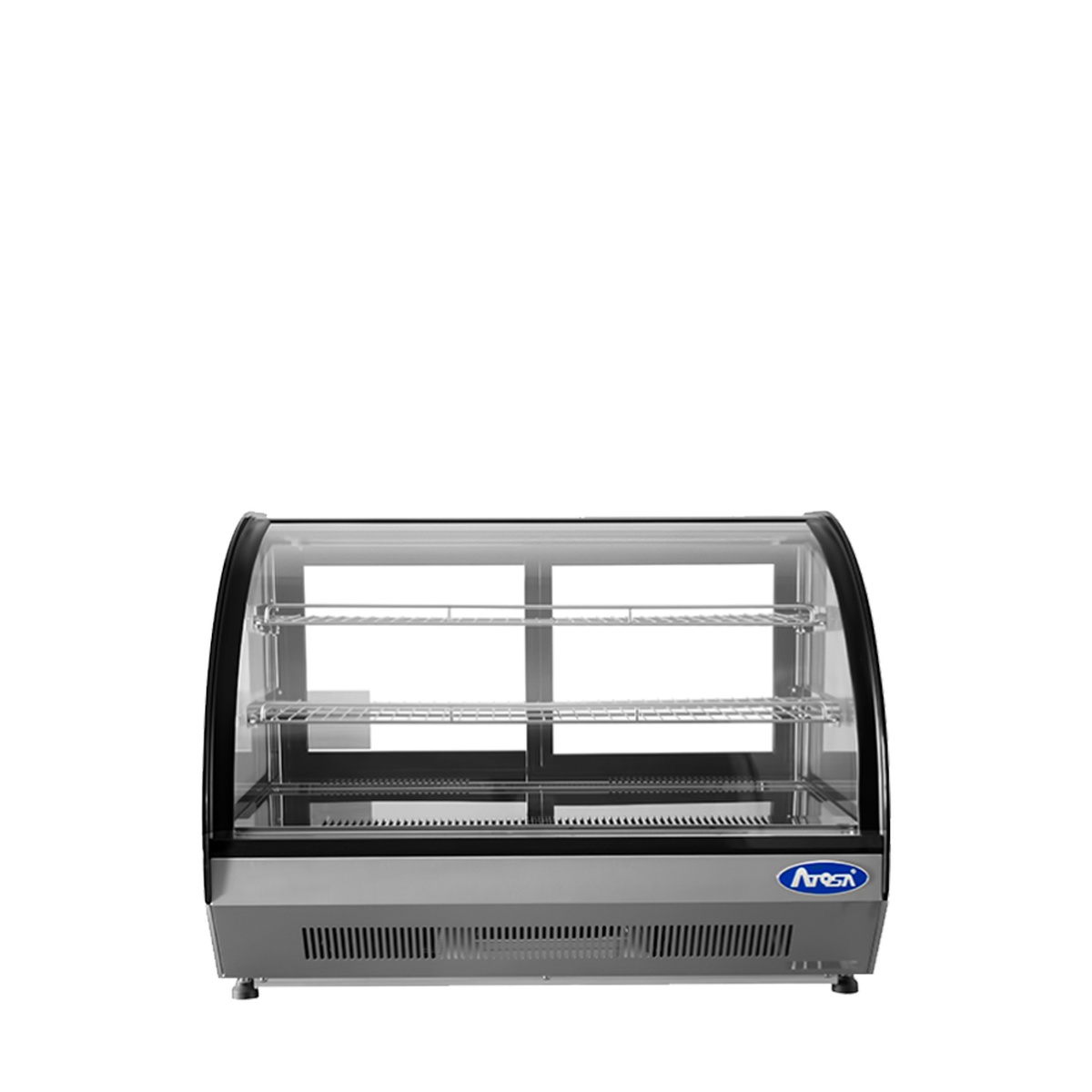 Atosa CRDC-46 countertop refrigerated curved display case, front view showing two stainless steel shelves and curved glass