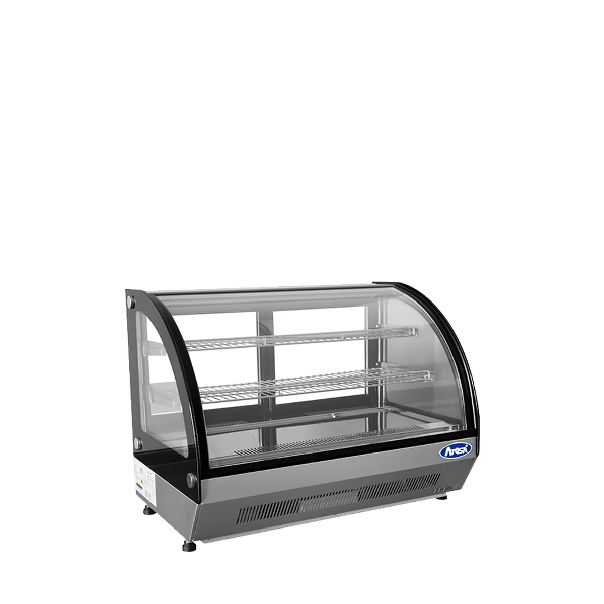 Atosa CRDC-46 refrigerated display case, left-side angled view showing sliding rear doors and wire shelving