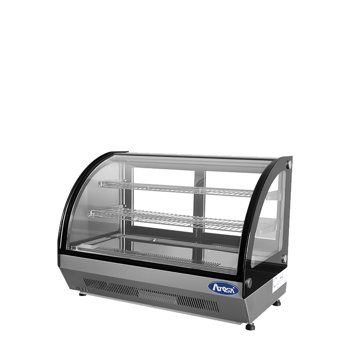 Atosa CRDC-46 refrigerated display case, right-side angled view showing stainless steel shelves and bottom ventilation grille