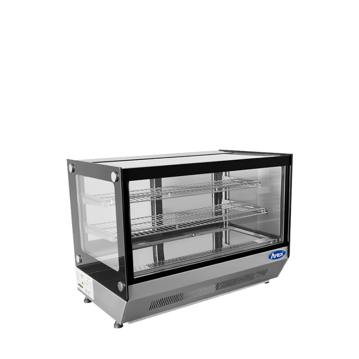 Atosa CRDS-56 countertop display case three-quarter left angle view showing sliding rear doors and stainless steel shelving