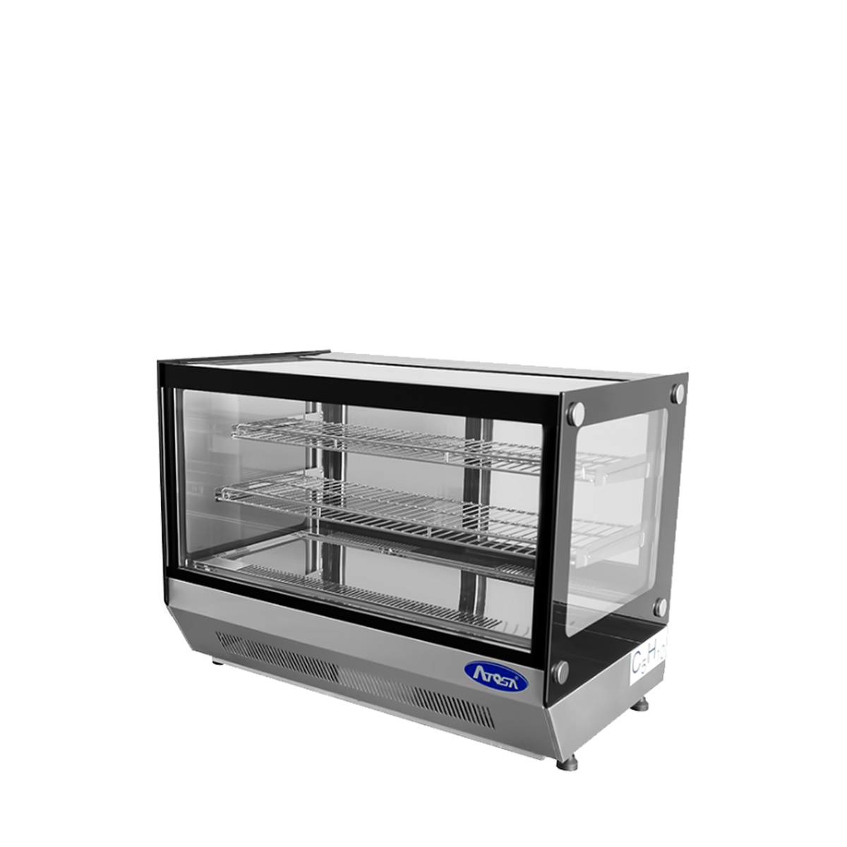 Atosa CRDS-56 countertop display case three-quarter right angle view highlighting rear-mount compressor area and glass panel construction