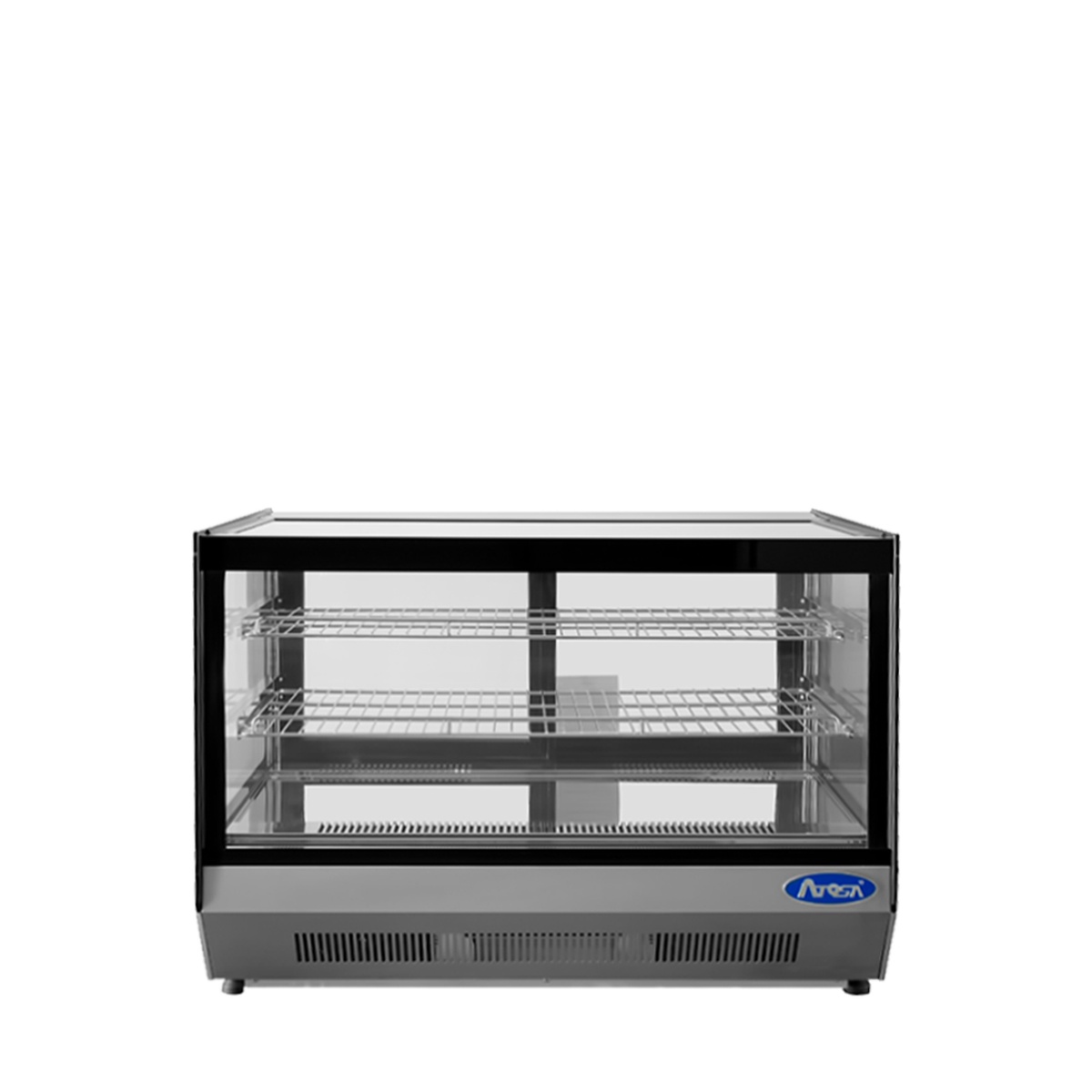 Atosa CRDS-56 countertop refrigerated square display case front view with two stainless steel shelves and sliding glass doors