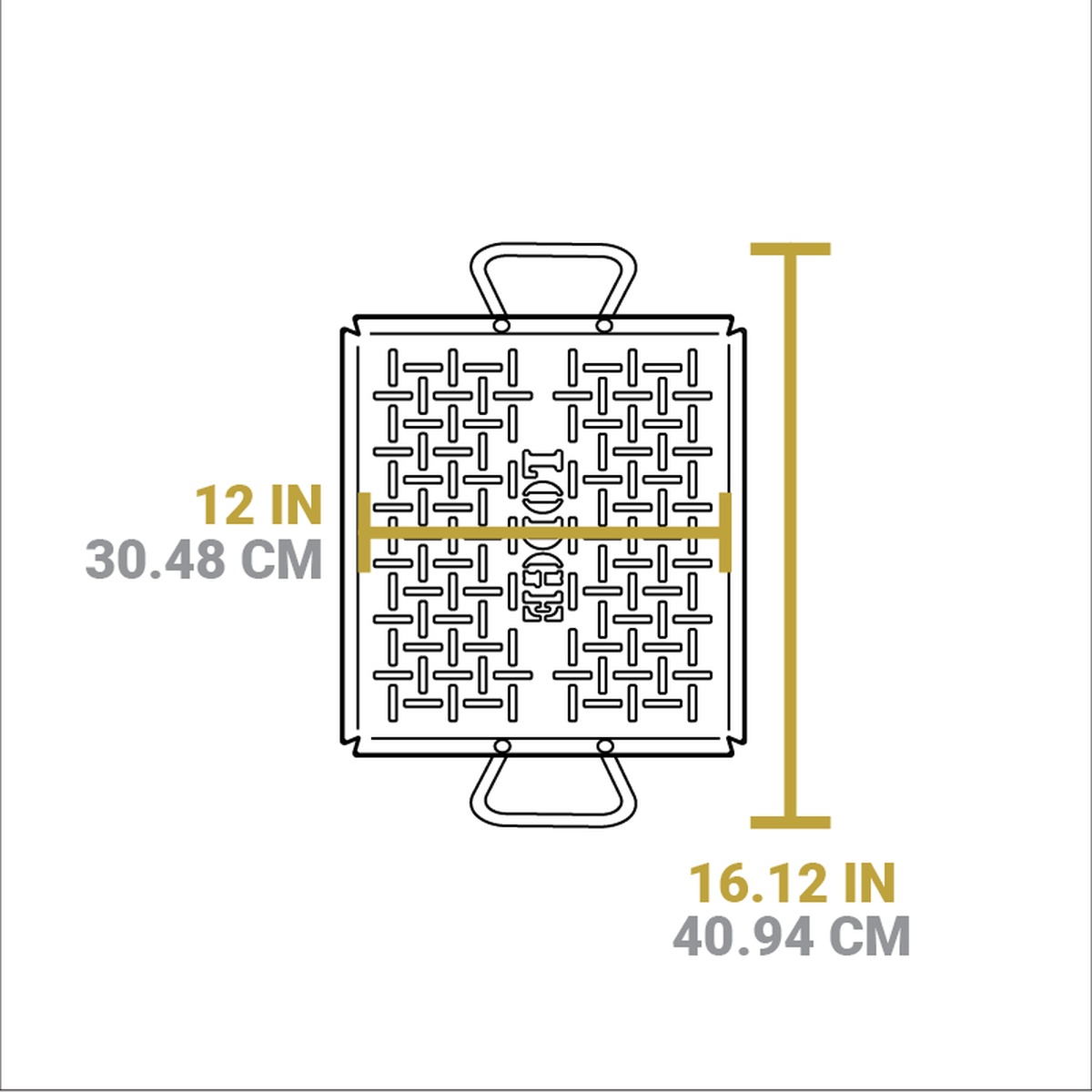 Top view dimensions of the Lodge grilling pan showing 12 inch width and 16.12 inch length