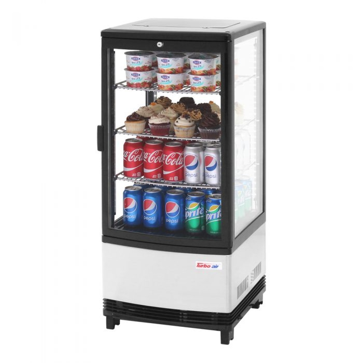 Turbo Air CRT-77-1R-N countertop glass merchandiser refrigerator stocked with drinks and snacks