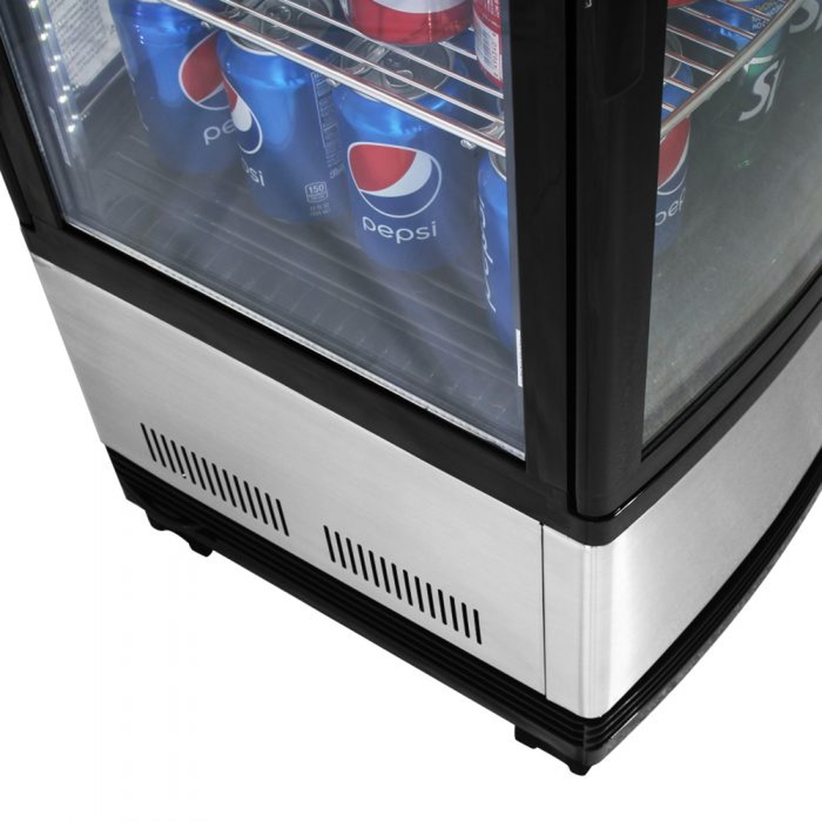 Angled view of lower corner and glass panel on Turbo Air CRT-77-2R-N countertop merchandiser