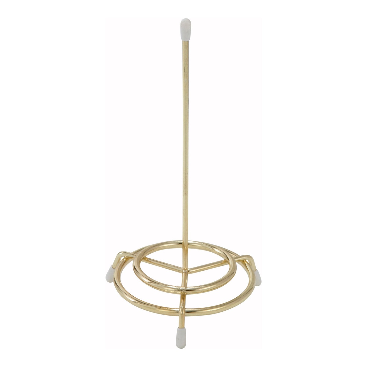 Winco CS-1 gold steel wire check spindle with tri-pod base and rubber feet on white background