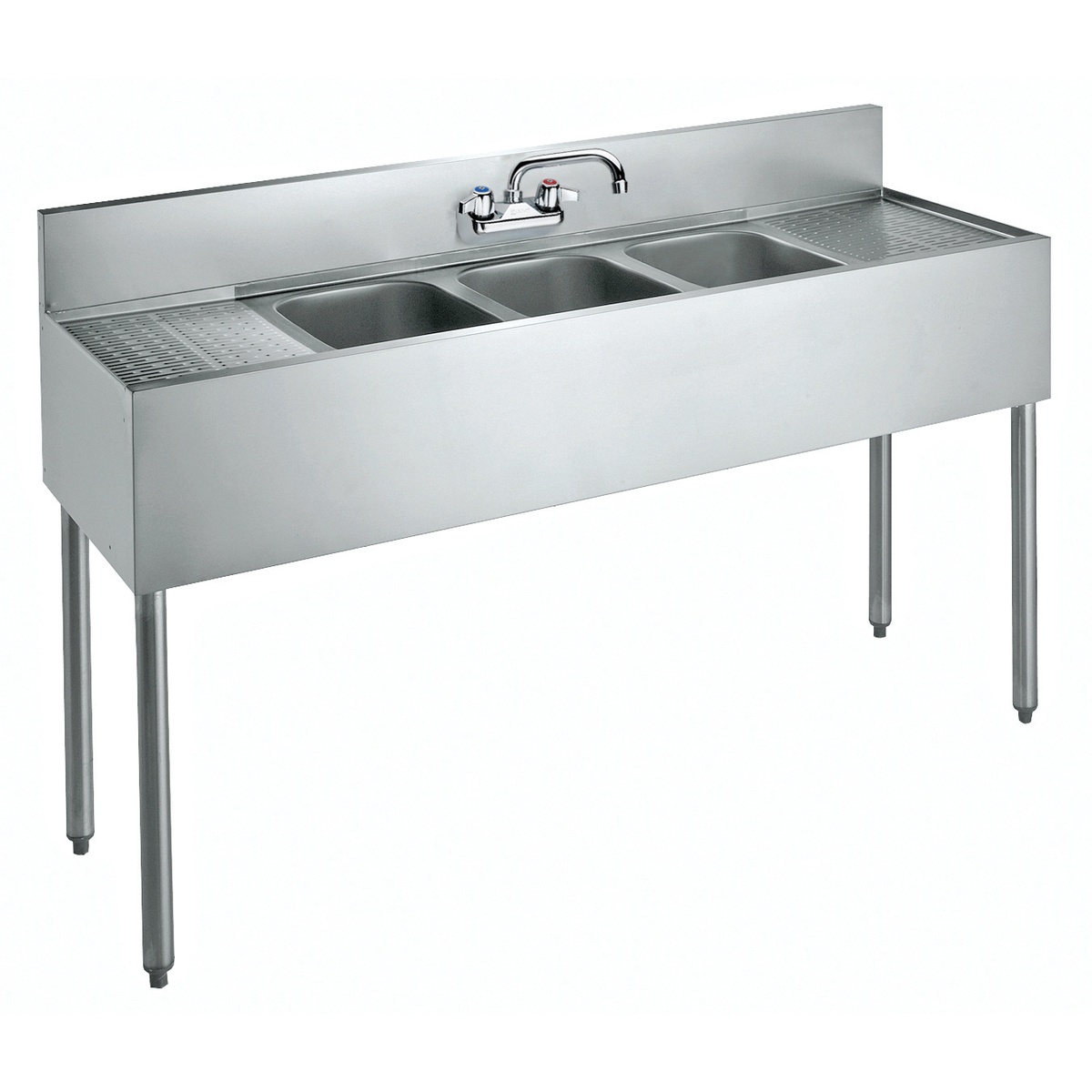 Krowne CS-1872 72-inch three-compartment stainless steel convenience store sink with dual drainboards and center faucet