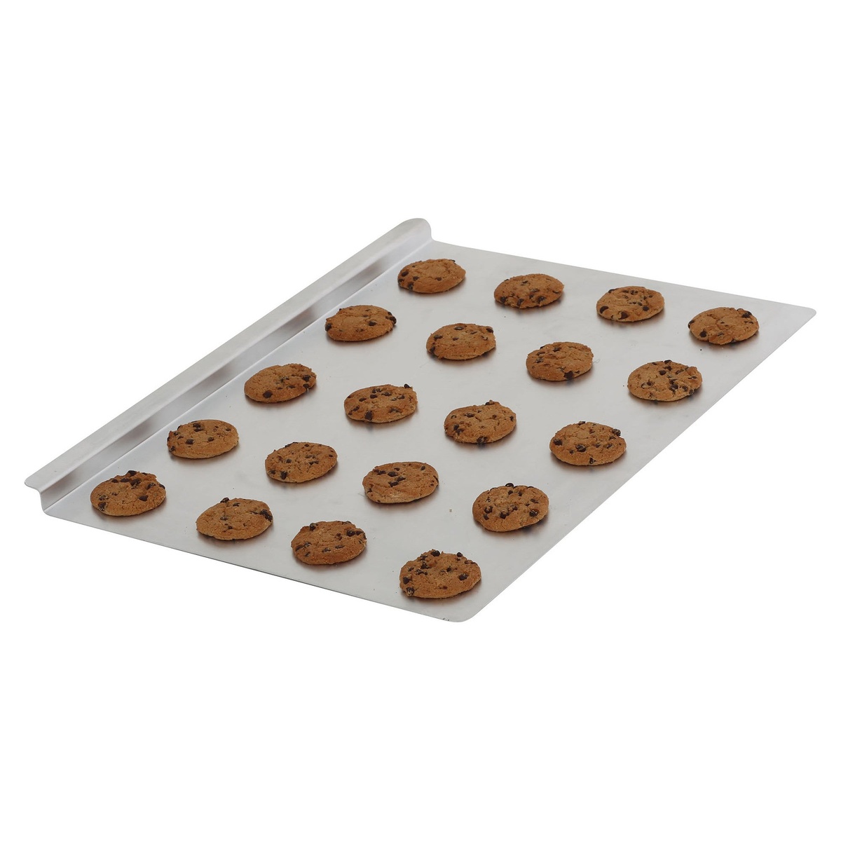 Winco CS-2014 aluminum cookie sheet loaded with baked chocolate chip cookies, showing the raised grip edge