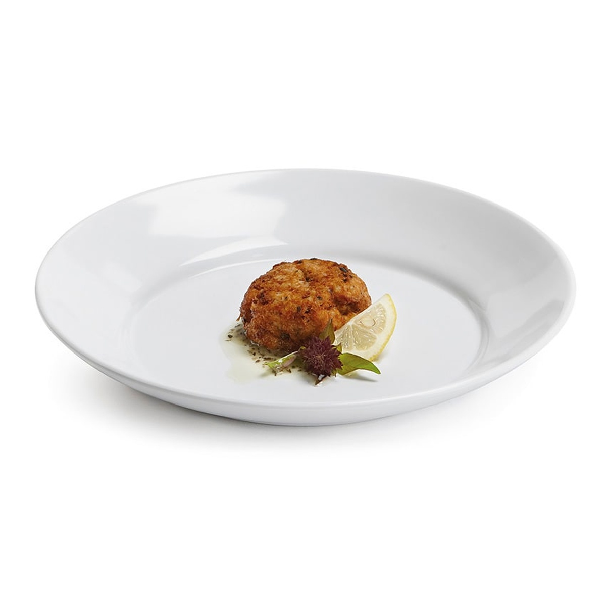 G.E.T. Enterprises CS-6107-W Siciliano white melamine bowl shown with a plated crab cake and lemon garnish