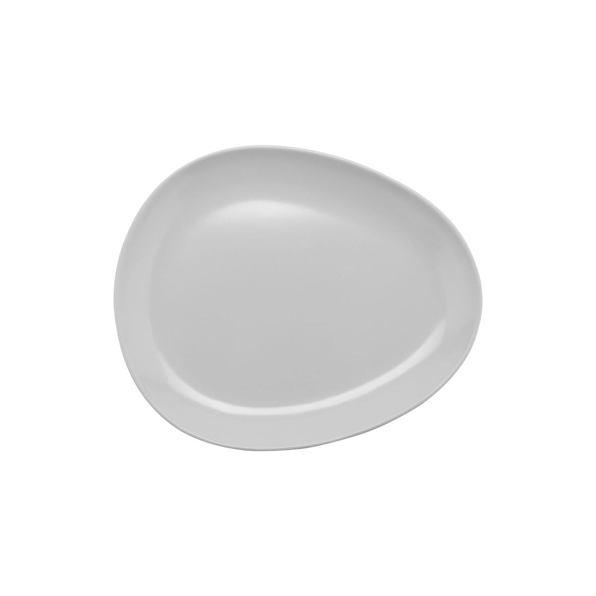 Top-down view of GET CS-6111-W white melamine 11-inch egg-shape coupe platter showing distinctive asymmetric outline