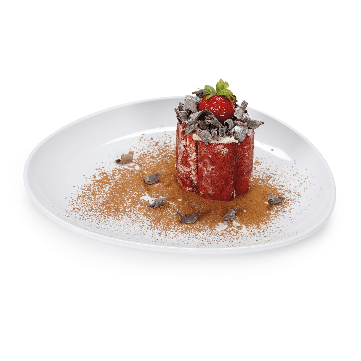 GET CS-6111-W white melamine egg-shape platter presented with a plated chocolate strawberry dessert dusted with cocoa powder