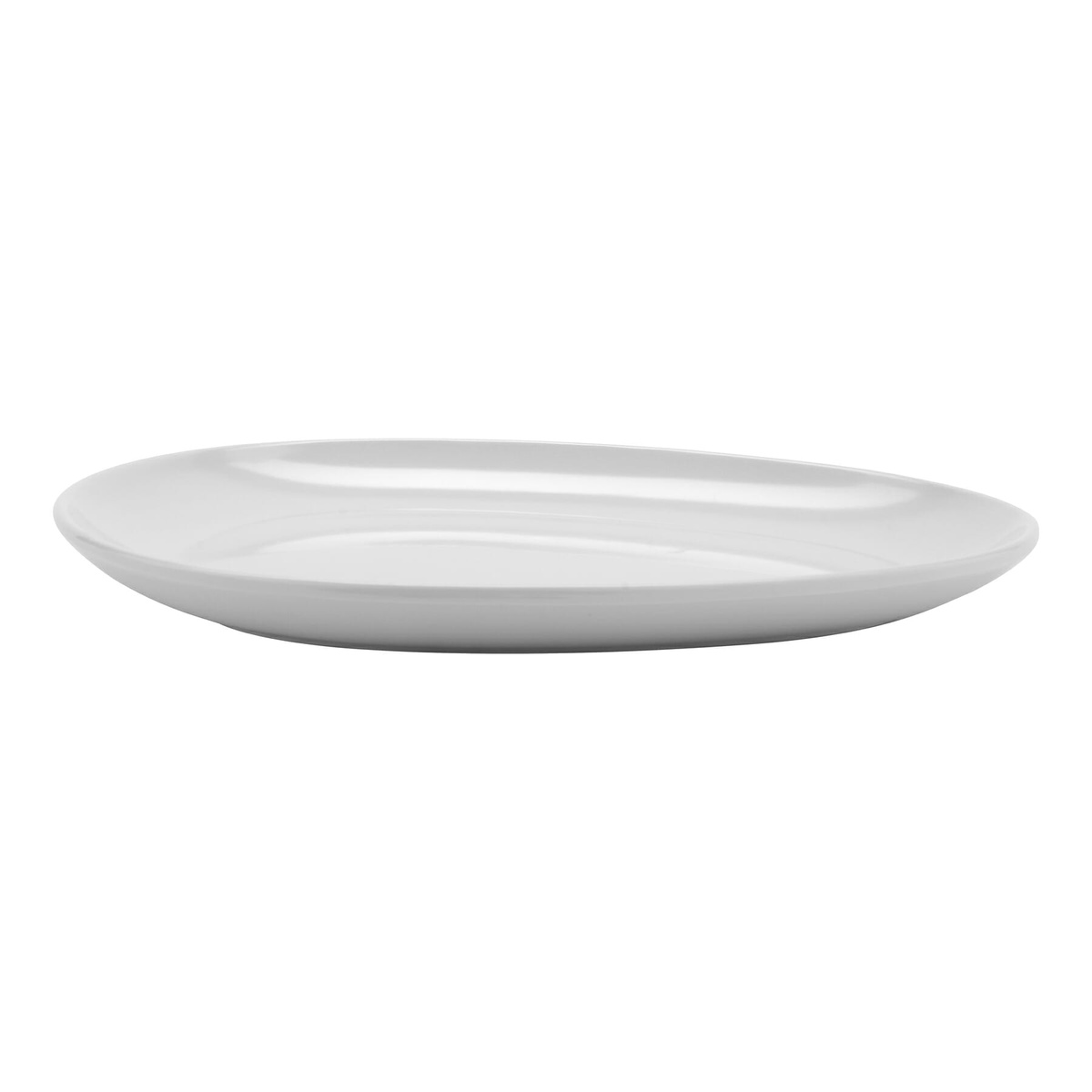 Side profile view of GET CS-6111-W white melamine egg-shape platter showing coupe rim and low-profile form