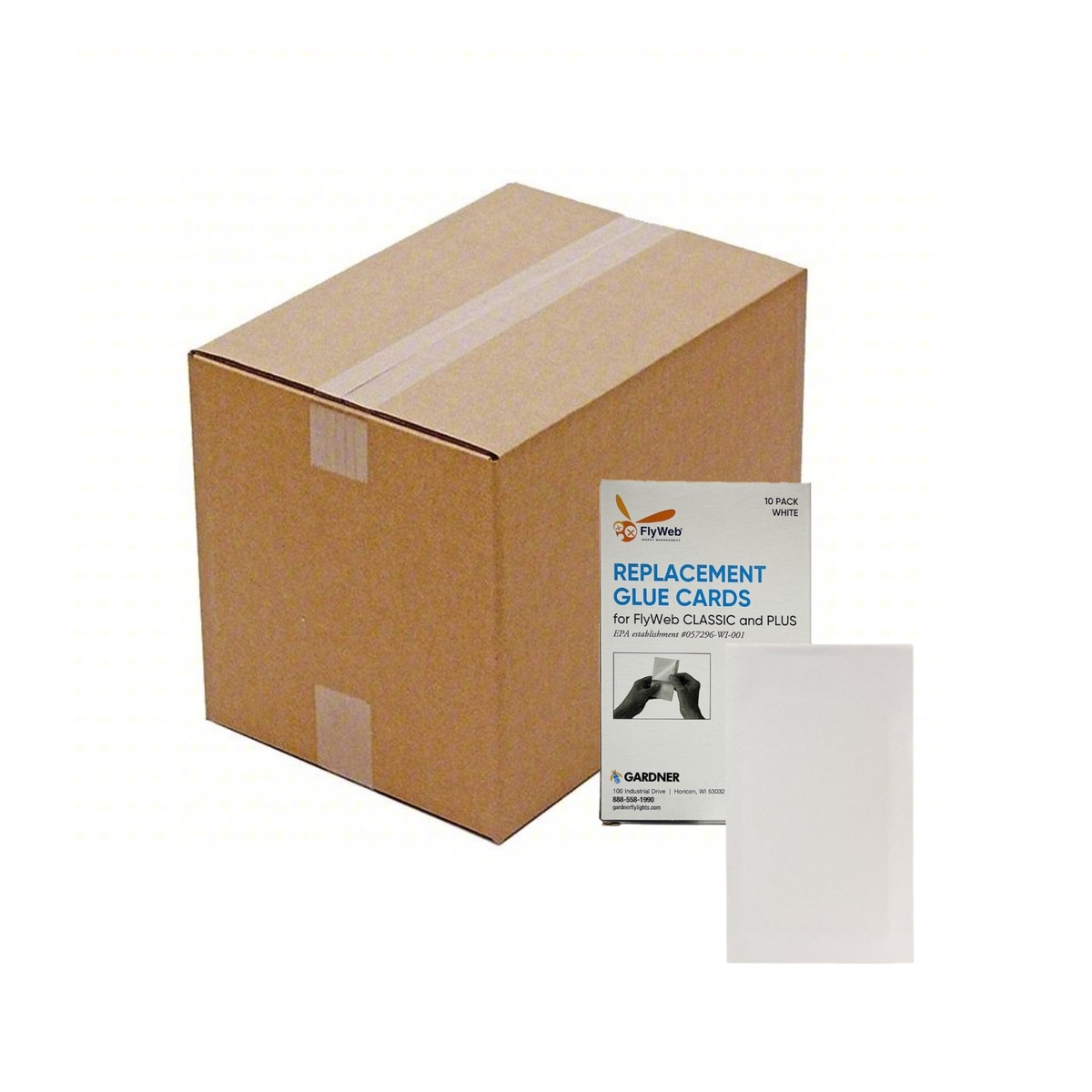Gardner CS-64 bulk case of 10 packs alongside a retail box and white glue board on white background