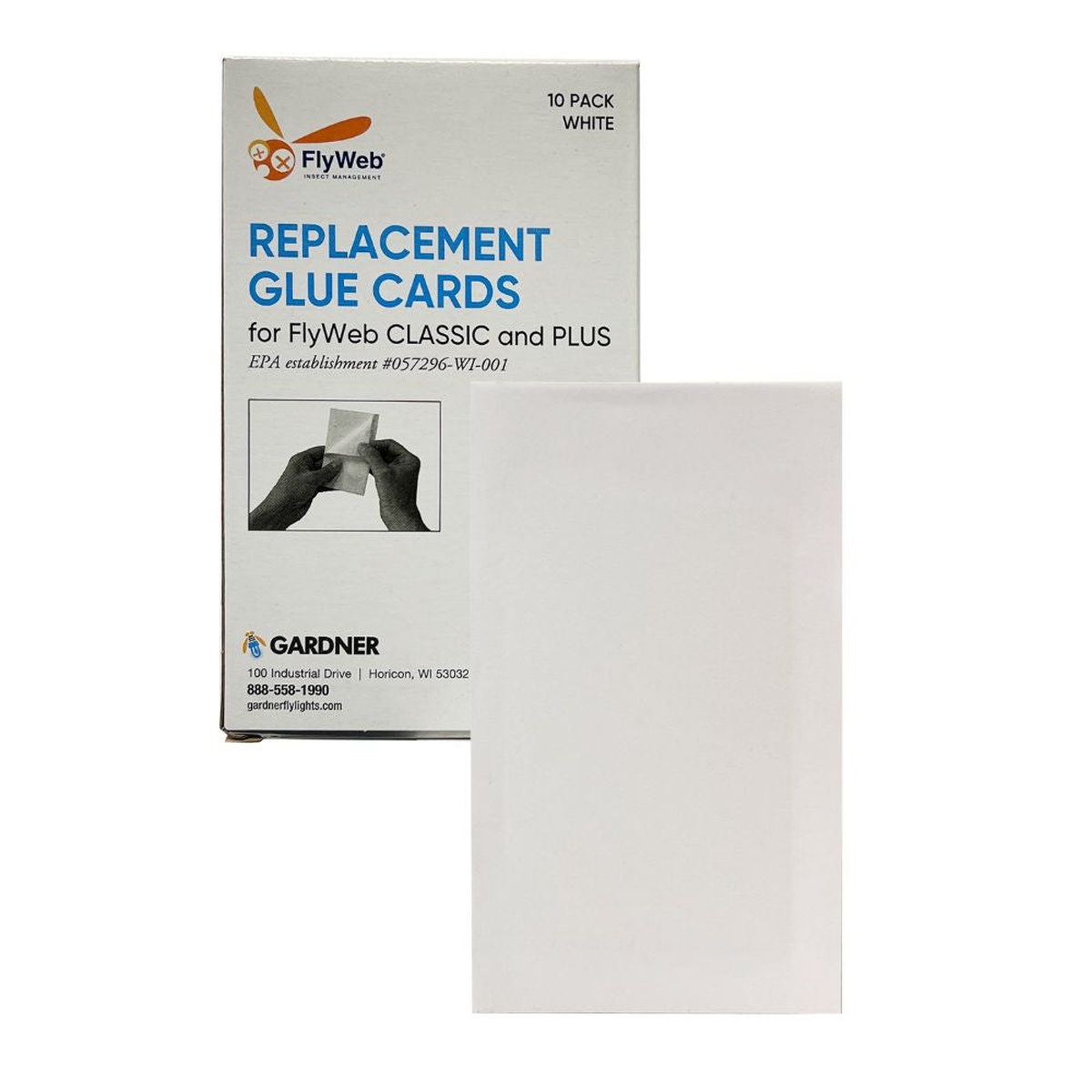 Gardner CS-64 Replacement Glue Cards retail box and a single white glue board on white background