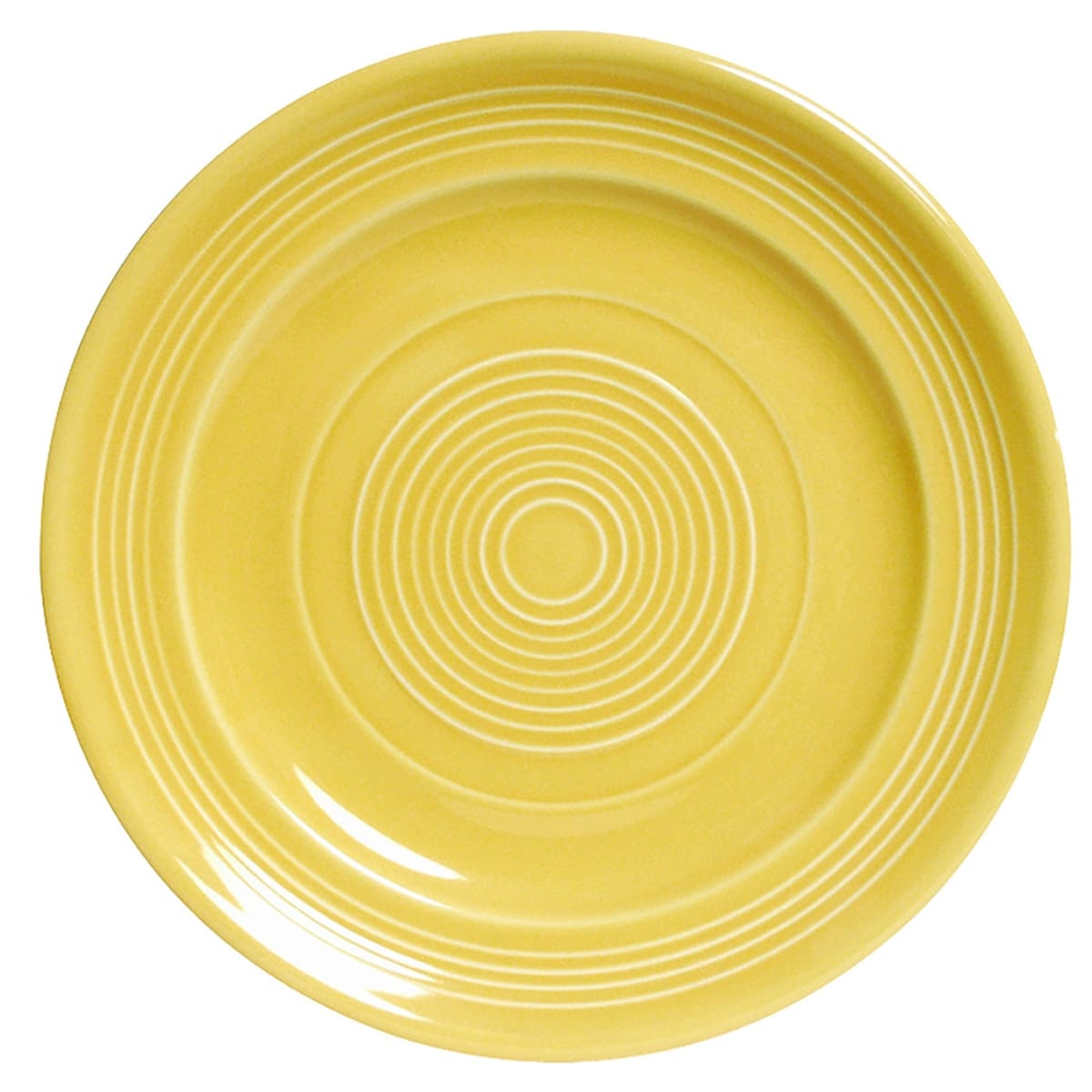 Tuxton Concentrix 12-inch round saffron yellow ceramic plate with concentric ring detail