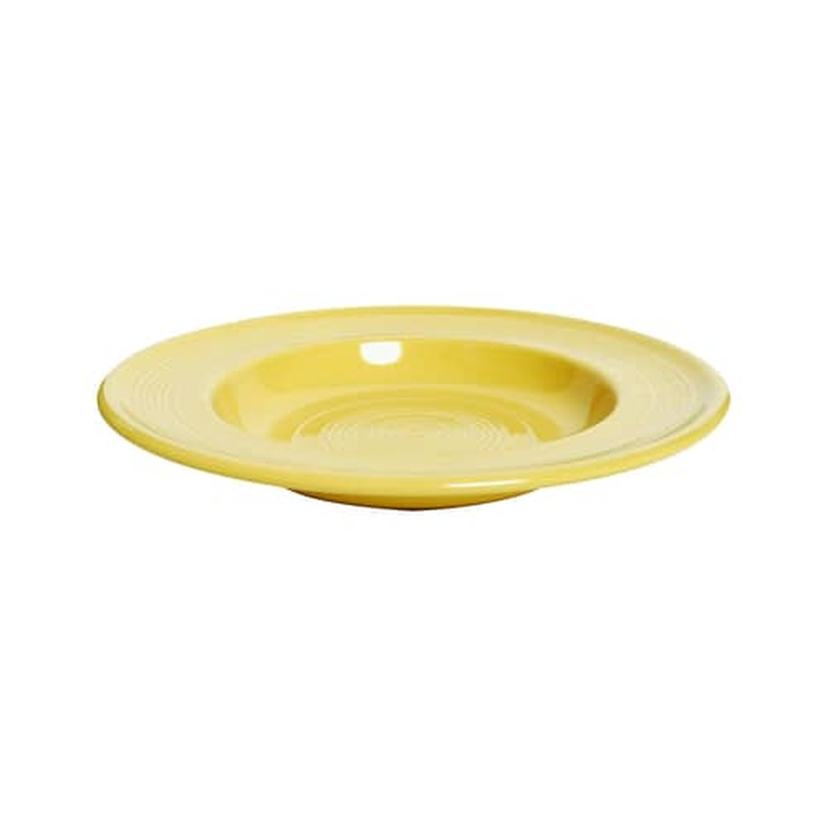 Tuxton CSD-120 saffron yellow round ceramic pasta bowl, 12-inch diameter, top-angle view showing concentric ring detail