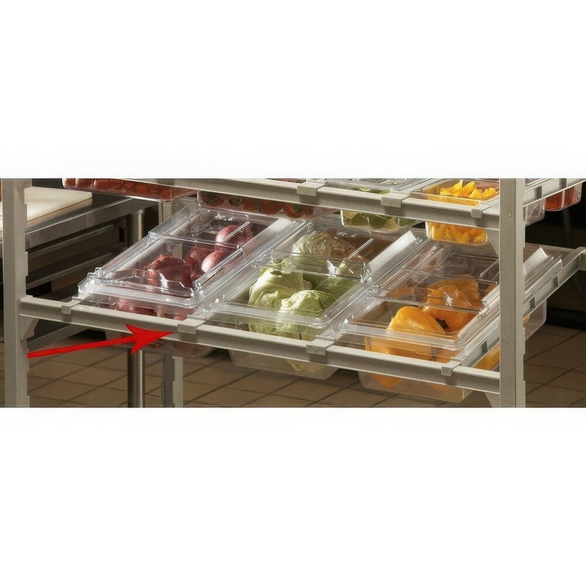 Cambro CSDBA480 angled divider bar installed on a Camshelving Premium unit holding multiple clear food pan containers