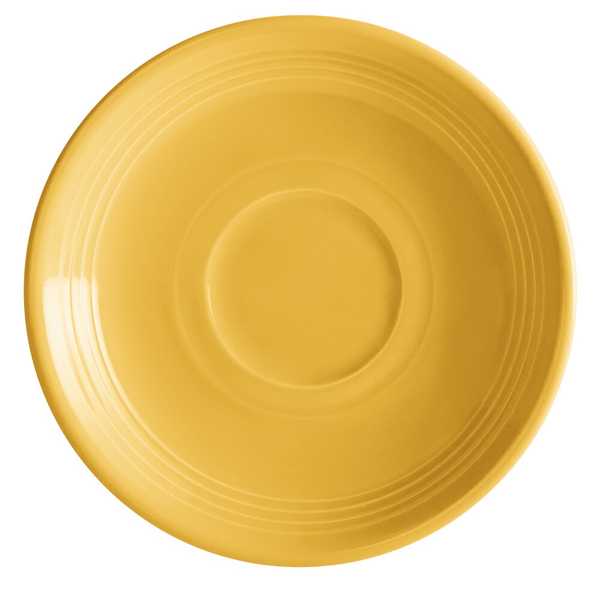Tuxton Concentrix CSE-060 6-inch round saffron china saucer with concentric ridge detailing, top view