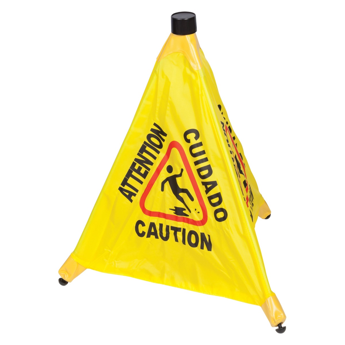 Winco CSF-4 yellow pop-up caution safety cone displaying multilingual wet floor warning text